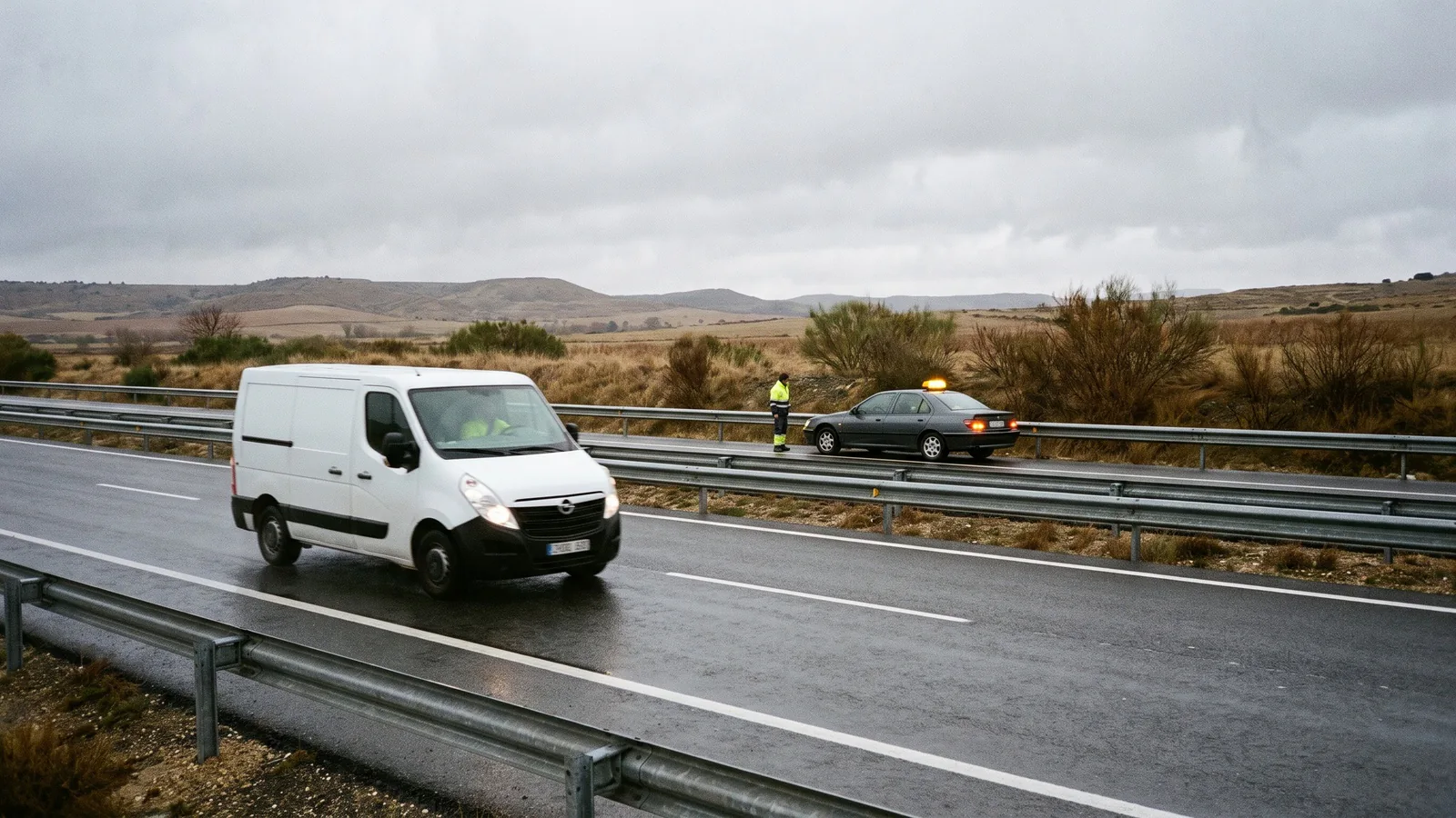 Furgoneta blanca rebasando por la calzada un coche averiado detenido en el arcén de una autovía con la baliza V16 encendida