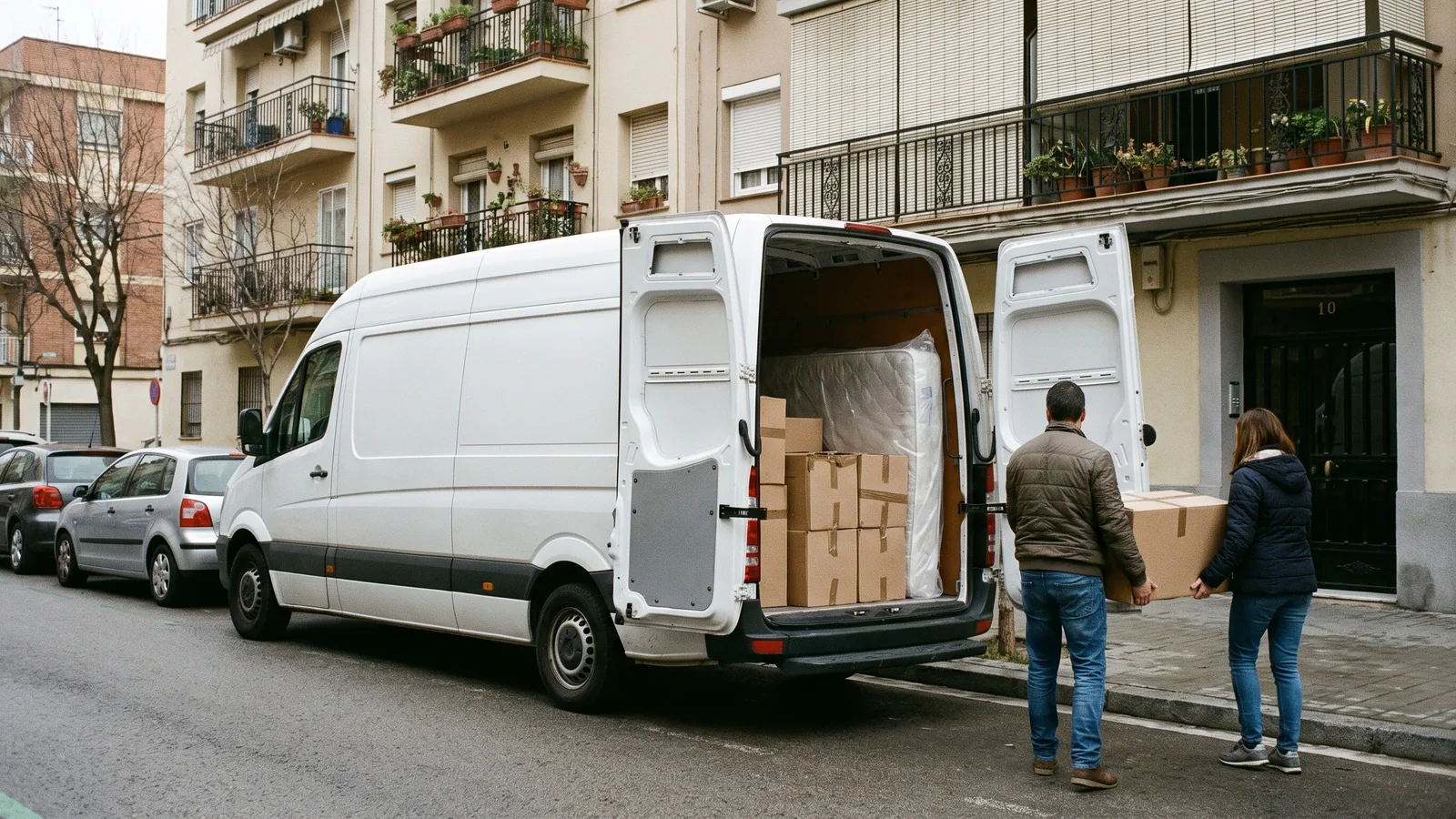 Pareja cargando cajas de mudanza en una furgoneta grande de techo alto aparcada frente a un portal, con las puertas traseras abiertas