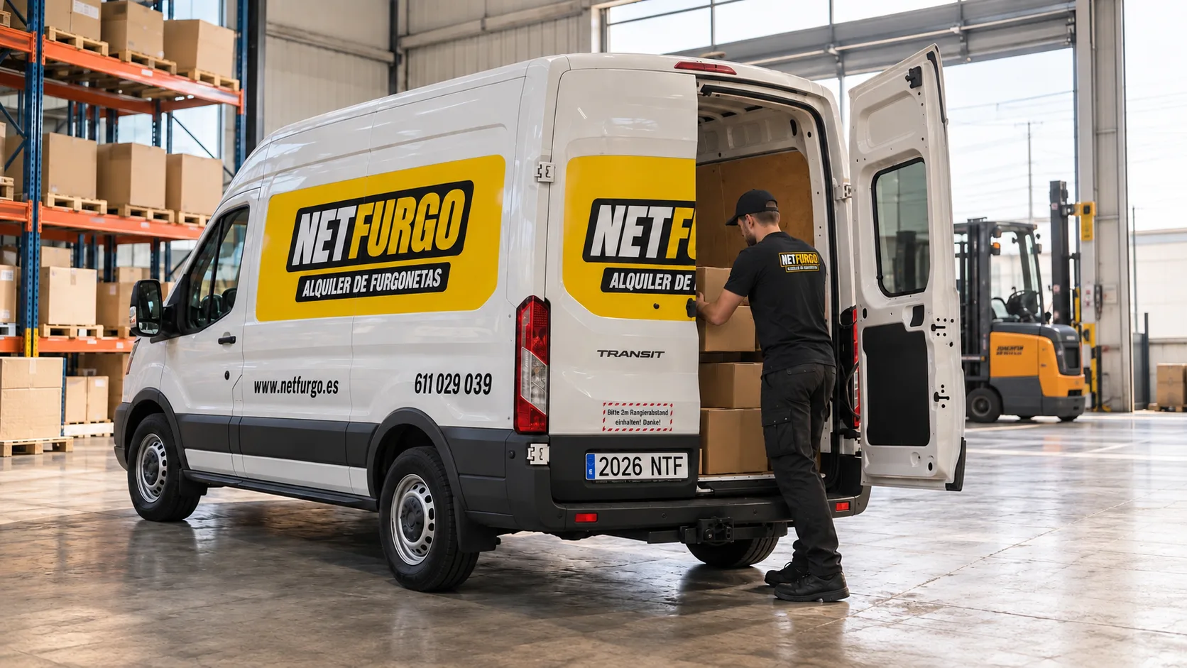 Cargando cajas en una furgoneta NETFURGO dentro de una nave